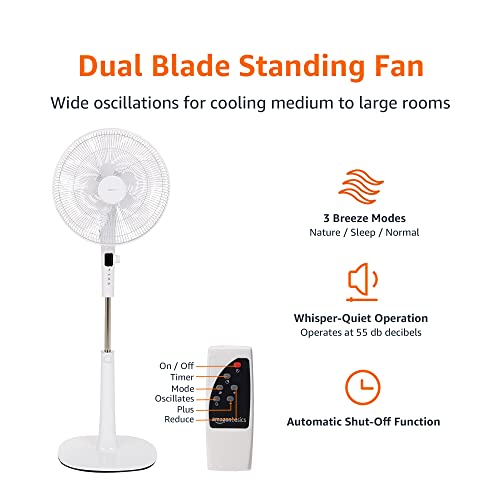 Amazon Basics 16-Inch Pedestal Floor Fan with Oscillating Blades, Remote Control, Timer, Tilted Head, and 3 Speed Settings - Sleek Black Design