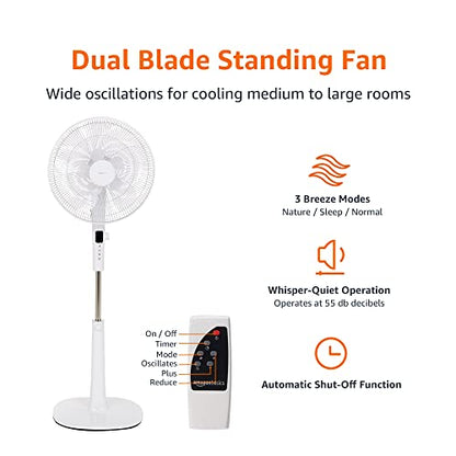 Amazon Basics 16-Inch Pedestal Floor Fan with Oscillating Blades, Remote Control, Timer, Tilted Head, and 3 Speed Settings - Sleek Black Design