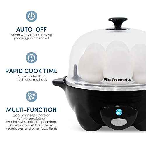 Elite Gourmet EGC-007## Rapid Egg Cooker, 7 Easy-To-Peel, Hard, Medium, Soft Boiled Eggs, Poacher, Omelet Maker, Auto Shut-Off, Alarm, 16-Recipe Booklet, BPA-Free, White