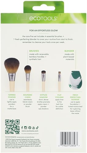 EcoTools Start The Day Beautifully 6 Piece Makeup Brush Set, Makeup Brushes For Eyeshadow, Blush, Concealer, & Foundation Application, Eco-Friendly, Gift Set, Synthetic Hair, Vegan & Cruelty-Free