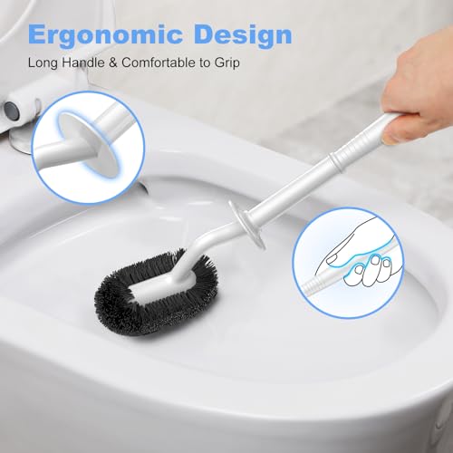 HAMITOR Toilet Bowl Brush Holder Set: Curved Design with Holder for Deep Cleaning Under Rim - Compact Hidden Scrubber for Small Space - Modern RV Bathroom Accessories - White