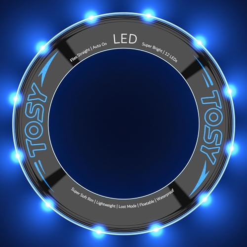 TOSY Flying Ring - 12 LEDs, Super Bright, Soft & Photoluminescent Rim, Auto Light Up, Safe, Waterproof, Lightweight frisbee, Cool Fun Birthday, Camping & Outdoor/Indoor Gift Toy for Boys/Girls/Kids