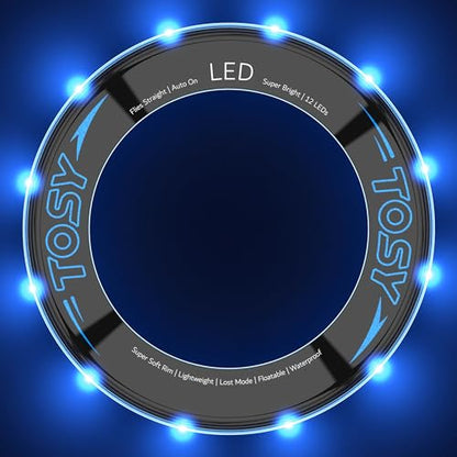 TOSY Flying Ring - 12 LEDs, Super Bright, Soft & Photoluminescent Rim, Auto Light Up, Safe, Waterproof, Lightweight frisbee, Cool Fun Birthday, Camping & Outdoor/Indoor Gift Toy for Boys/Girls/Kids