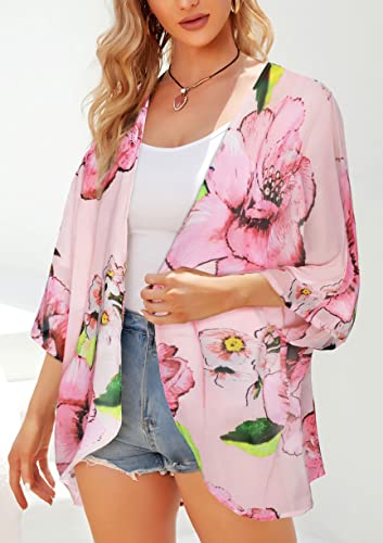 Women's Floral Print Puff Sleeve Kimono Cardigan Loose Cover Up Casual Blouse Tops