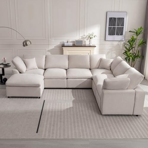 Modular Sectional Sofa Modern Oversized Cloud Couch with Movable Ottoman 7 Seater L-Shaped Sofas Comfy Couches for Living Room Spacious Space Office Lounge, Beige