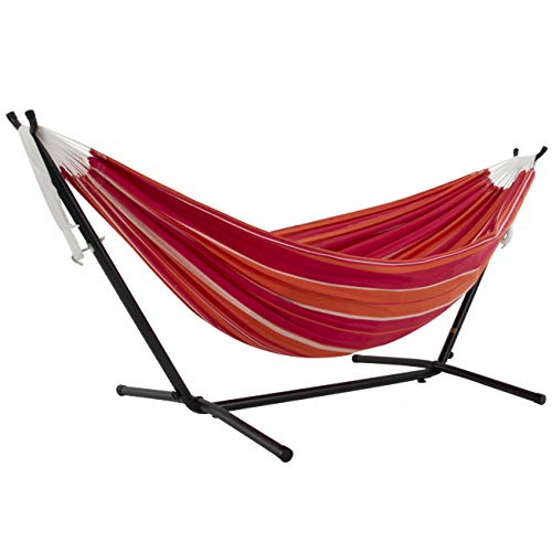 Vivere Double Hammock with Space Saving Steel Stand, Natural (450 lb Capacity - Premium Carry Bag Included)