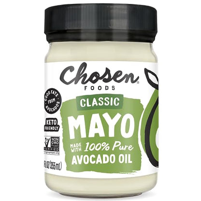 Chosen Foods 100% Avocado Oil-Based Classic Mayonnaise, Gluten & Dairy Free, Low-Carb, Keto & Paleo Diet Friendly, Mayo for Sandwiches, Dressings and Sauces, Made with Cage Free Eggs (32 Fl Oz)