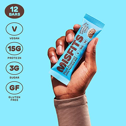 Misfits Vegan Protein Bar, Variety Pack, Plant Based Chocolate Protein Bars, High Protein Snacks for Adults with 15g Plant Protein Per Bar, Low Carb, 1g Sugar, High Fiber, Healthy Snack Food, 12 Pack