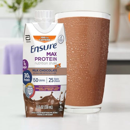 Ensure Max Protein Nutrition Shake with 30g of Protein, 1g of Sugar, High Protein Shake, Milk Chocolate, 11 Fl Oz (Pack of 12), Liquid, Halal