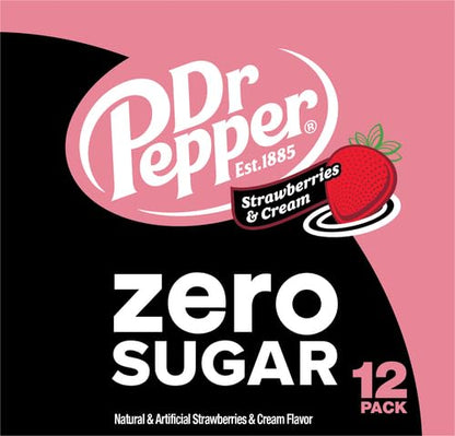 Dr Pepper Zero Strawberries and Cream Soda, 12 fl oz cans, 12 Pack