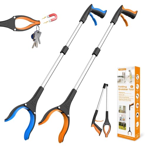 32" Grabber Reacher Tool, 2-Pack Foldable Reacher Grabber Pickup Tool with 360° Rotating Jaw & Magnet, Trash Picker Upper Grabber, Lightweight Grabbers for Seniors Heavy Duty