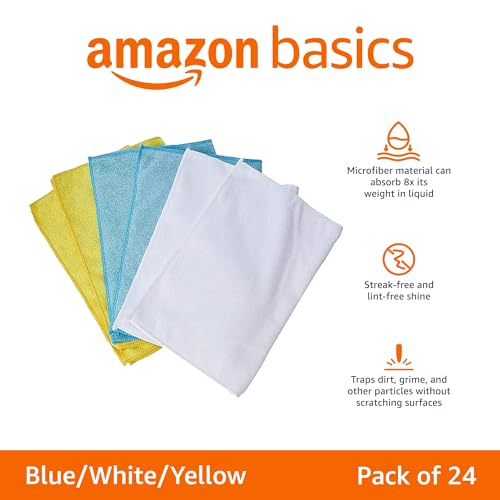 Amazon Basics Microfiber Cleaning Cloths, Non-Abrasive, Reusable and Washable, Pack of 24, Green/Gray/Pink, 16" x 12"