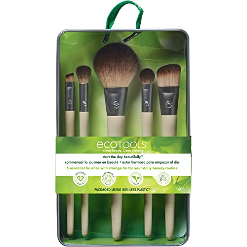 EcoTools Start The Day Beautifully 6 Piece Makeup Brush Set, Makeup Brushes For Eyeshadow, Blush, Concealer, & Foundation Application, Eco-Friendly, Gift Set, Synthetic Hair, Vegan & Cruelty-Free