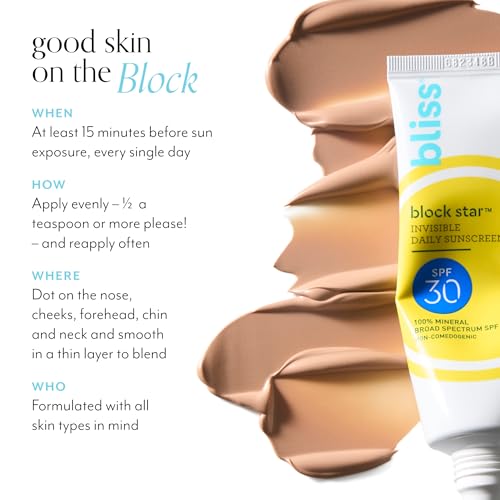 Bliss Block Star SPF 30 Invisible Daily Tinted Sunscreen with Zinc Oxide, Sunscreen & Makeup Primer - 100% Mineral Broad Spectrum Sunscreen with Titanium Dioxide and Antioxidant Blend,- 1.4 fl oz.