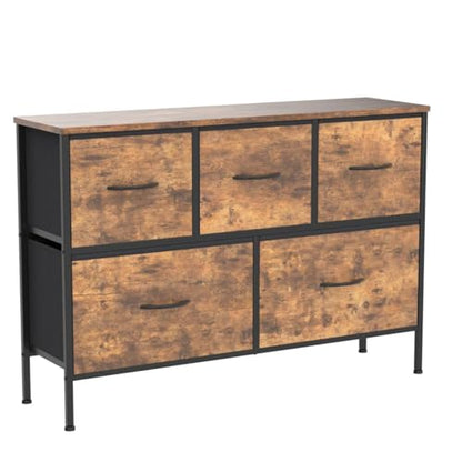 WLIVE Dresser for Bedroom with 5 Drawers, Wide Chest of Drawers, Fabric Dresser, Storage Organizer Unit with Fabric Bins for Closet, Living Room, Hallway, Rustic Brown Wood Grain Print