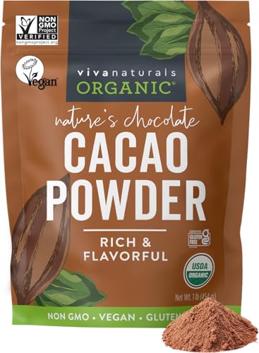 Viva Naturals Organic Cacao Powder, 1lb - Unsweetened Cacao Powder With Rich Dark Chocolate Flavor, Perfect for Baking & Smoothies, Non-GMO, Certified Vegan & Gluten-Free, 454 g