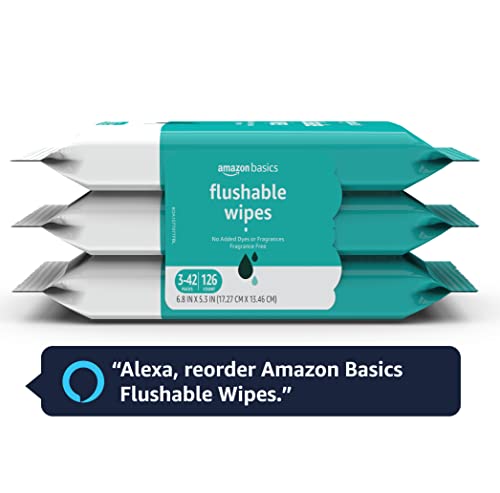 Amazon Basics Flushable Adult Toilet Wipes, Fragrance Free, 126 Count (3 Packs of 42) Packaging May Vary