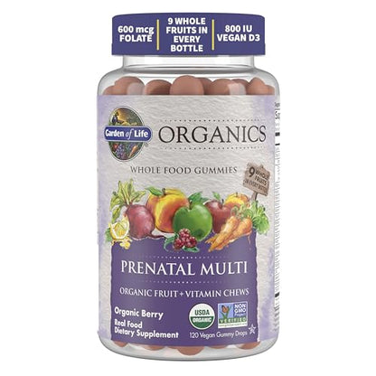 Garden of Life Organics Prenatal Gummies Multivitamin with Vitamin D3, B6, B12, C & Folate for Healthy Fetal Development – Organic, Non-GMO, Gluten-Free, Vegan, Berry Flavor, 30 Day Supply