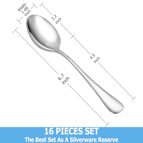 Teaspoon Set,16 Piece 6.7" Spoons Silverware,Premium Food Grade 18/10 Stainless Steel Tea Spoons,Durable Small Spoons,Good Teaspoons,Dessert Spoons,Kitchen Spoons Set,Mirror Finish & Dishwasher Safe