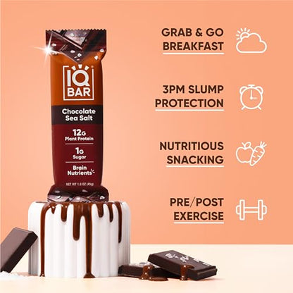 IQBAR Brain and Body Plant Protein Bars - Almond Butter Chip - 12 Count, Low Carb, High Fiber, Gluten Free, Vegan Snacks - Low Sugar Keto Energy Bars