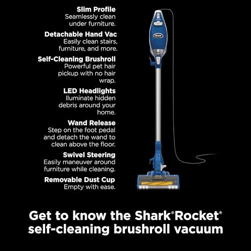 Shark HV322 Rocket Deluxe Pro Corded Stick Vacuum with LED Headlights, XL Dust Cup, Lightweight, Perfect for Pet Hair Pickup, Converts to a Hand Vacuum, with Pet Attachments, Bordeaux/Silver