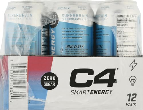 C4 Smart Energy Drink – Boost Focus and Energy with Zero Sugar, Natural Energy, and Nootropics - 200mg Caffeine - Cherry Berry Lime (12oz Pack of 12)