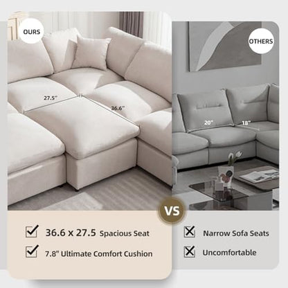 Modular Sectional Sofa Modern Oversized Cloud Couch with Movable Ottoman 7 Seater L-Shaped Sofas Comfy Couches for Living Room Spacious Space Office Lounge, Beige