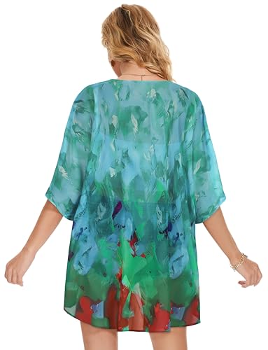 Women's Floral Print Puff Sleeve Kimono Cardigan Loose Cover Up Casual Blouse Tops