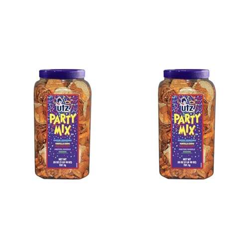 Utz Party Mix - 26 Ounce Barrel - Tasty Snack Mix Includes Corn/Nacho Tortillas, Pretzels, BBQ Corn Chips and Cheese Curls, Easy and Quick Party Snacks, Cholesterol Free and Trans-Fat Free