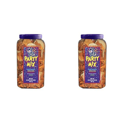 Utz Party Mix - 26 Ounce Barrel - Tasty Snack Mix Includes Corn/Nacho Tortillas, Pretzels, BBQ Corn Chips and Cheese Curls, Easy and Quick Party Snacks, Cholesterol Free and Trans-Fat Free