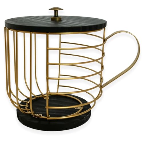 Coffee Pod Holder – Compatible with Nespresso Vertuo Pods and Capsules - Gold Metal K Cup Holder - Cute Coffee Pod Basket w/ Wooden Base & Lid - Coffee Pod Storage - Coffee Bar Decor