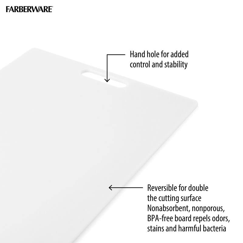 Farberware Large Cutting Board, Dishwasher- Safe Plastic Chopping Board for Kitchen with Easy Grip Handle, 11-inch by 14-inch, White