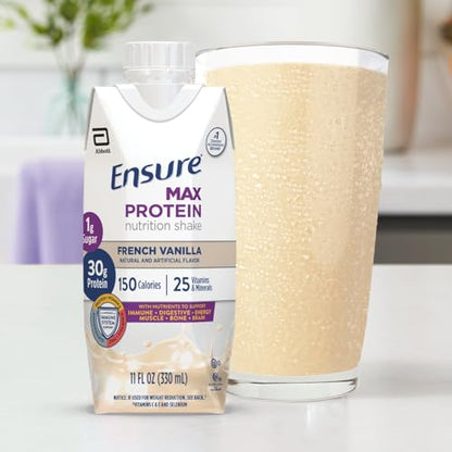 Ensure Max Protein Nutrition Shake with 30g of Protein, 1g of Sugar, High Protein Shake, Milk Chocolate, 11 Fl Oz (Pack of 12), Liquid, Halal