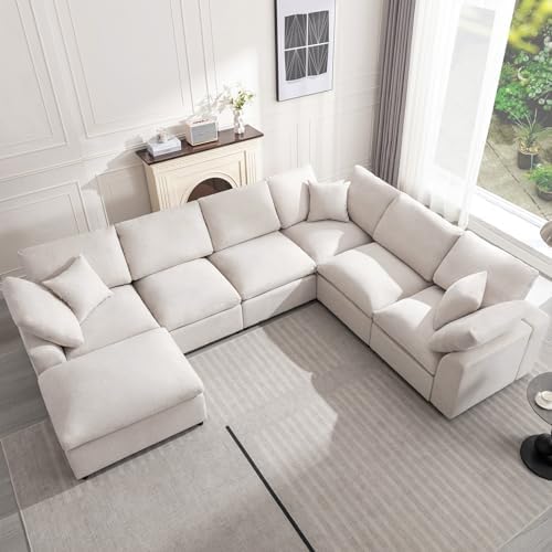 Modular Sectional Sofa Modern Oversized Cloud Couch with Movable Ottoman 7 Seater L-Shaped Sofas Comfy Couches for Living Room Spacious Space Office Lounge, Beige