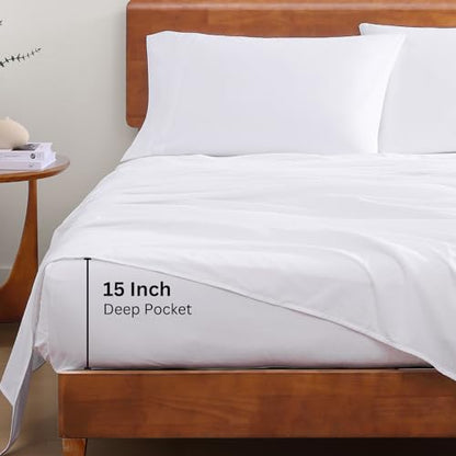 LANE LINEN 100% Organic Cotton Queen Sheet Set, 4Pc Cotton Sheets Queen Size Bed set, Soft & Breathable Percale Weave, Deep Pocket Queen Sheets, Hotel-Quality Bed Sheets Queen Size - White Bed Sheets