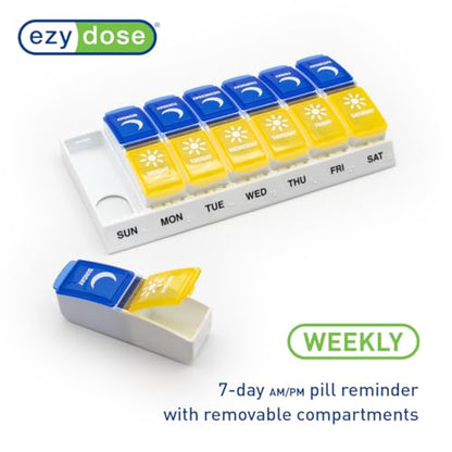 EZY DOSE Weekly (7-Day) AM/PM Pill Case, Medicine Planner, Vitamin Organizer Box, Small Pop-out Compartments, 2 Times a Day, Blue and Purple Lids, BPA Free