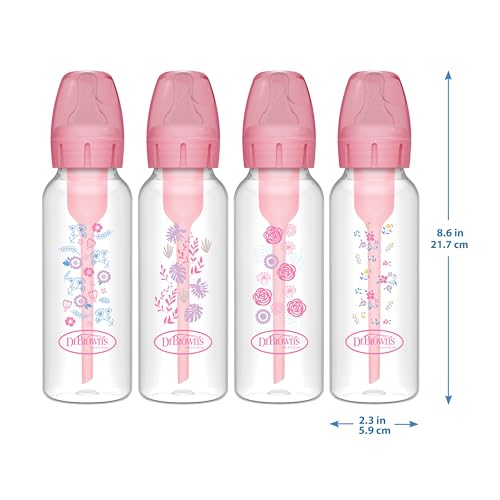 Dr. Brown's Natural Flow Anti-Colic Options+ Narrow Baby Bottle, 8 oz/250 mL, with Level 1 Slow Flow Nipple, 0m+, 4 count