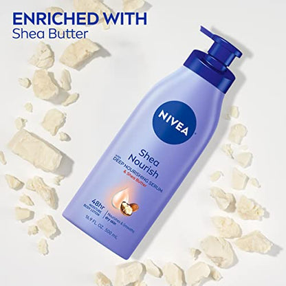 NIVEA Shea Nourish Body Lotion, 48-Hour Moisturizing Shea Butter Lotion for Dry Skin with Deep Nourishing Serum, 16.9 Fl Oz Pump Bottle