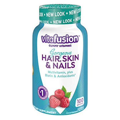 Vitafusion Gorgeous Hair, Skin Nails Multivitamin Gummy Vitamins, plus Biotin and Antioxidant vitamins CE, Raspberry Flavor, 100ct (33 day supply), from America’s Number One Gummy Vitamin Brand