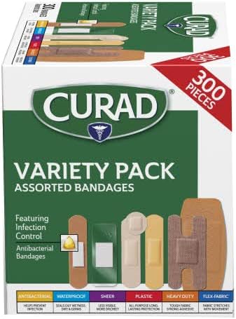 Curad Assorted Bandages Variety Pack 300 Pieces, Including Antibacterial, Heavy Duty, Fabric, and Waterproof Bandages