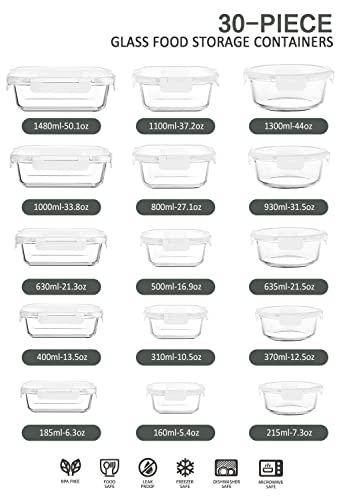 M MCIRCO 30 Pieces Glass Food Storage Containers with Upgraded Snap Locking Lids,Glass Meal Prep Set - Airtight Lunch Containers, Microwave, Oven, Freezer and Dishwasher Friendly (Green)