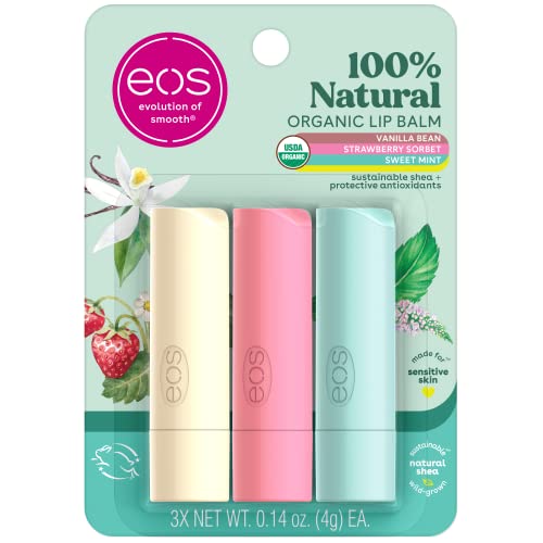 eos 100% Natural & Organic Lip Balm Sticks- Vanilla Bean, All-Day Moisture, Dermatologist Recommended, 0.14 oz, 2-Pack