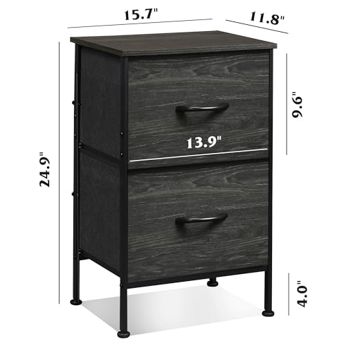 WLIVE Black Nightstand, Small Dresser for Bedroom with 2 Fabric Drawer, Bed Side Table with Drawers, End Table Bedside Furniture, Sturdy Steel Frame, Wood Top, Closet Organizer, College Dorm