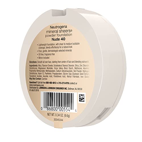 Neutrogena Mineral Sheers Compact Powder Foundation, Lightweight & Oil-Free Mineral Foundation, Fragrance-Free, Nude 40,.34 oz