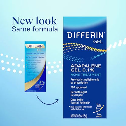 Differin Acne Treatment Gel, Retinoid Treatment for Face with 0.1% Adapalene, Gentle Skin Care for Acne Prone Sensitive Skin, 15g Tube (Packaging May Vary)