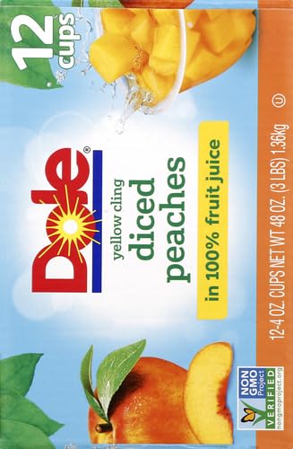 Dole Fruit Bowls Diced Peaches in 100% Juice Snacks, 4oz 12 Total Cups, Gluten & Dairy Free, Bulk Lunch Snacks for Kids & Adults