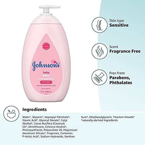 Johnson's Moisturizing Mild Pink Baby Lotion with Coconut Oil for Delicate Baby Skin, Paraben-, Phthalate- & Dye-Free, Hypoallergenic & Dermatologist-Tested, Baby Skin Care, 27.1 Fl. Oz