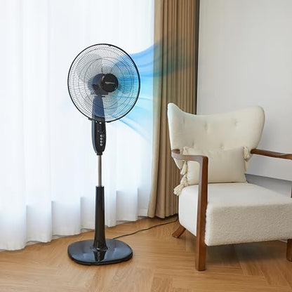 Amazon Basics 16-Inch Pedestal Floor Fan with Oscillating Blades, Remote Control, Timer, Tilted Head, and 3 Speed Settings - Sleek Black Design