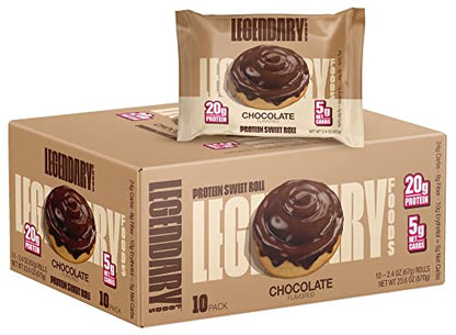 Legendary Foods High Protein Snack - Chocolate Sweet Roll, 20 Gr Protein Bar Alternative, Low Carb Food, Low Sugar - Gluten Free Keto Breakfast Snacks, Healthy Chocolate Flavored Rolls (10-pack)