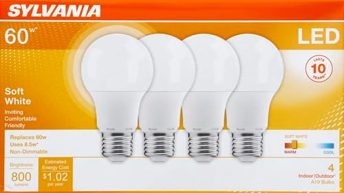 SYLVANIA LED A19 Light Bulb, 60W Equivalent Efficient 8.5W Medium Base, 2700K Soft White, 4 pack